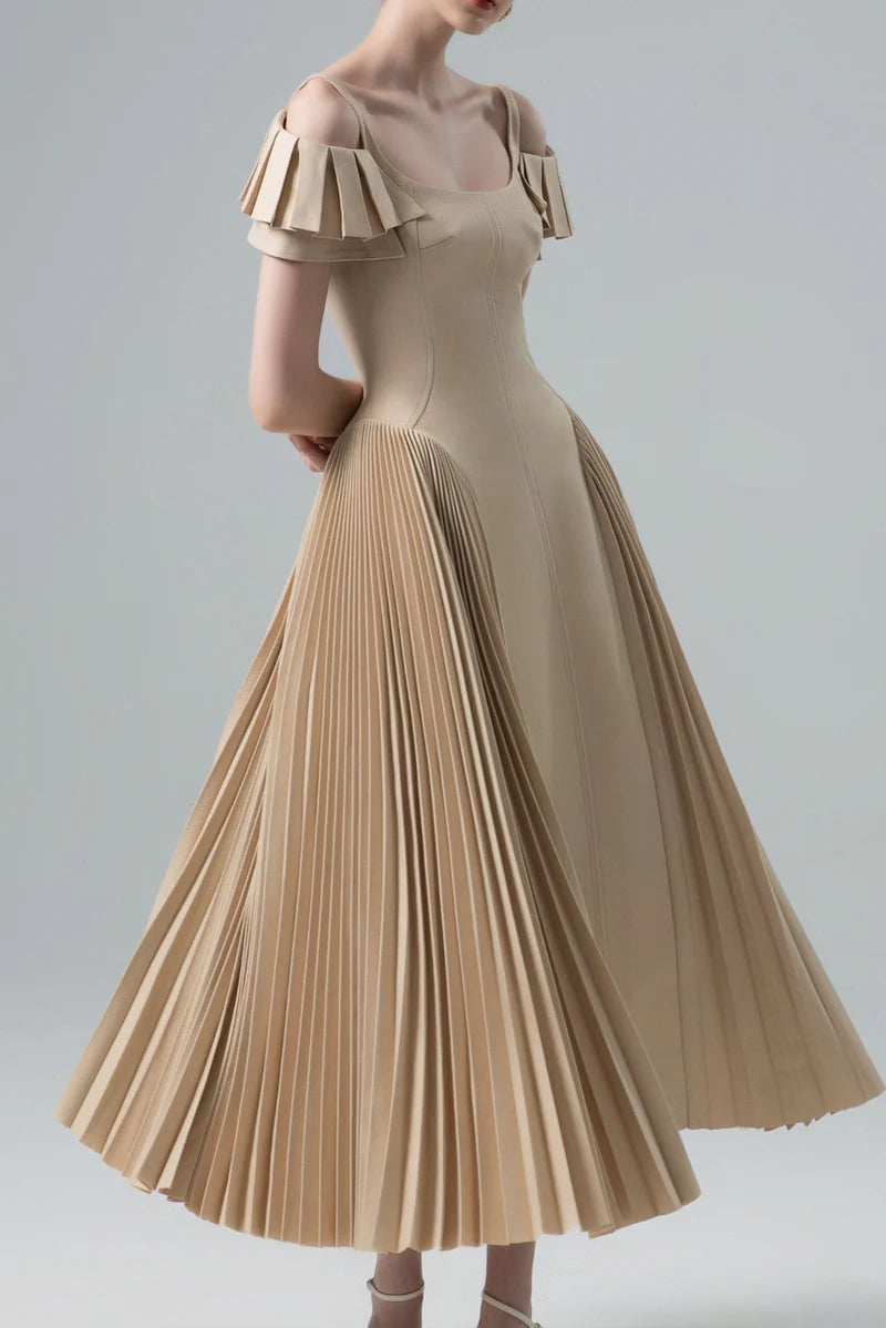 Elegant Cold Shoulder Ruffle Cuff Pleated Skirt Fitted Bodice Midi Prom Dress For Formal Evening Wedding Guest