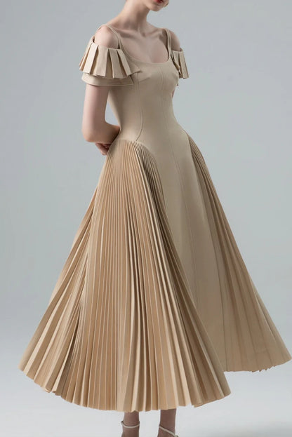 Elegant Cold Shoulder Ruffle Cuff Pleated Skirt Fitted Bodice Midi Prom Dress For Formal Evening Wedding Guest