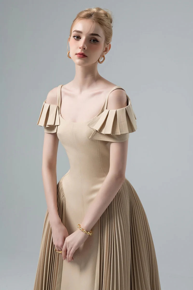 Elegant Cold Shoulder Ruffle Cuff Pleated Skirt Fitted Bodice Midi Prom Dress For Formal Evening Wedding Guest