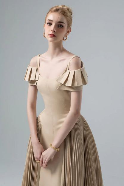 Elegant Cold Shoulder Ruffle Cuff Pleated Skirt Fitted Bodice Midi Prom Dress For Formal Evening Wedding Guest