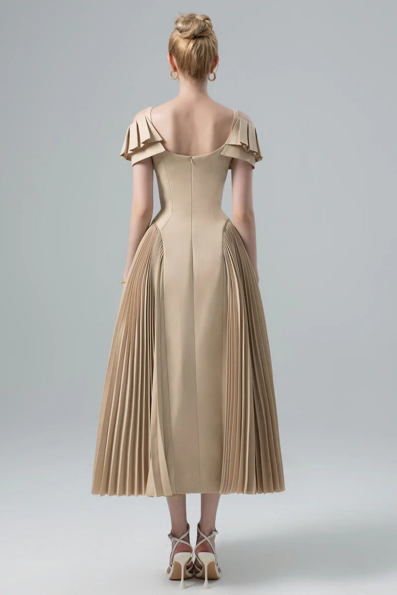 Elegant Cold Shoulder Ruffle Cuff Pleated Skirt Fitted Bodice Midi Prom Dress For Formal Evening Wedding Guest
