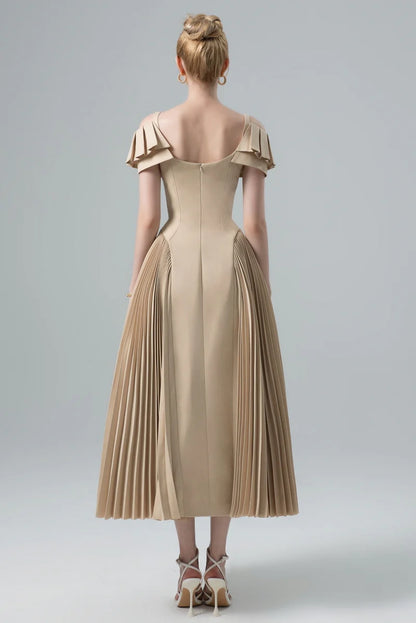 Elegant Cold Shoulder Ruffle Cuff Pleated Skirt Fitted Bodice Midi Prom Dress For Formal Evening Wedding Guest