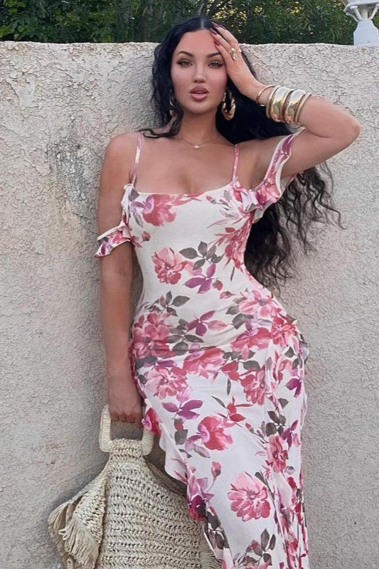 Elegant Cold Shoulder Ruffle Trim Floral Print Maxi Prom Dress For Wedding Guest Bridal Shower Formal Evening