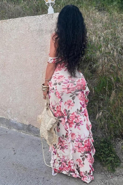 Elegant Cold Shoulder Ruffle Trim Floral Print Maxi Prom Dress For Wedding Guest Bridal Shower Formal Evening