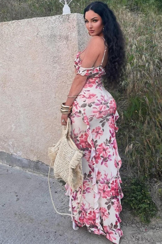 Elegant Cold Shoulder Ruffle Trim Floral Print Maxi Prom Dress For Wedding Guest Bridal Shower Formal Evening