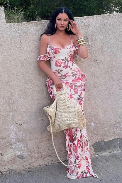 Elegant Cold Shoulder Ruffle Trim Floral Print Maxi Prom Dress For Wedding Guest Bridal Shower Formal Evening