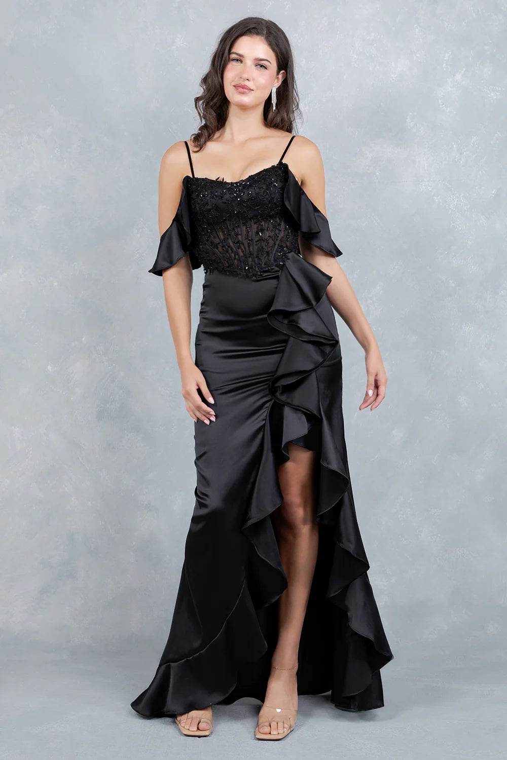 Elegant Cold Shoulder Spaghetti Strap Beaded Lace Corset High Slit Ruffle Mermaid Maxi Prom Dress For Formal Evening Gala Wedding Guest Bridesmaid
