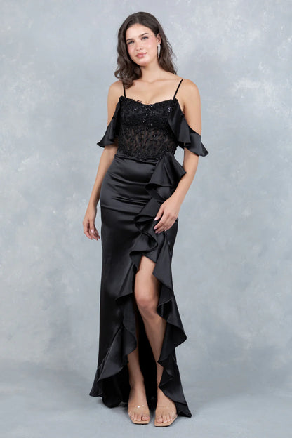 Elegant Cold Shoulder Spaghetti Strap Beaded Lace Corset High Slit Ruffle Mermaid Maxi Prom Dress For Formal Evening Gala Wedding Guest Bridesmaid