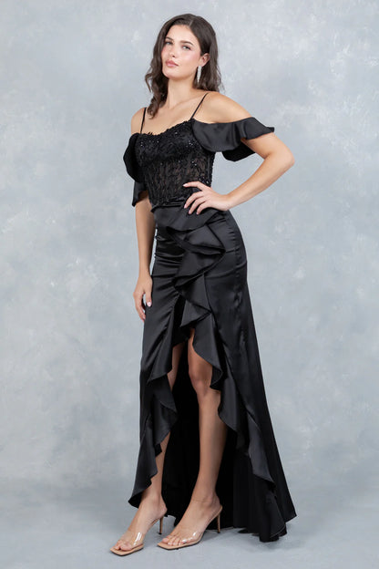 Elegant Cold Shoulder Spaghetti Strap Beaded Lace Corset High Slit Ruffle Mermaid Maxi Prom Dress For Formal Evening Gala Wedding Guest Bridesmaid