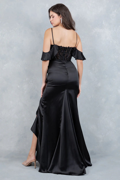 Elegant Cold Shoulder Spaghetti Strap Beaded Lace Corset High Slit Ruffle Mermaid Maxi Prom Dress For Formal Evening Gala Wedding Guest Bridesmaid