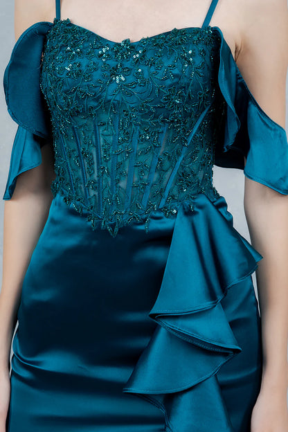 Elegant Cold Shoulder Spaghetti Strap Beaded Lace Corset High Slit Ruffle Mermaid Maxi Prom Dress For Formal Evening Gala Wedding Guest Bridesmaid