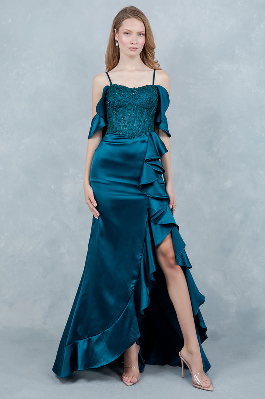 Elegant Cold Shoulder Spaghetti Strap Beaded Lace Corset High Slit Ruffle Mermaid Maxi Prom Dress For Formal Evening Gala Wedding Guest Bridesmaid