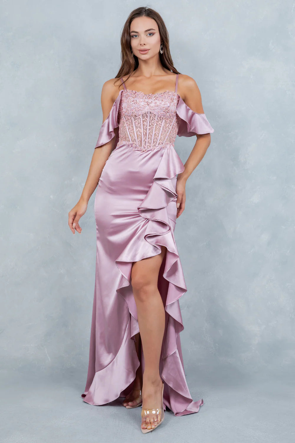 Elegant Cold Shoulder Spaghetti Strap Beaded Lace Corset High Slit Ruffle Mermaid Maxi Prom Dress For Formal Evening Gala Wedding Guest Bridesmaid