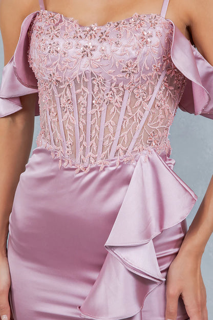 Elegant Cold Shoulder Spaghetti Strap Beaded Lace Corset High Slit Ruffle Mermaid Maxi Prom Dress For Formal Evening Gala Wedding Guest Bridesmaid
