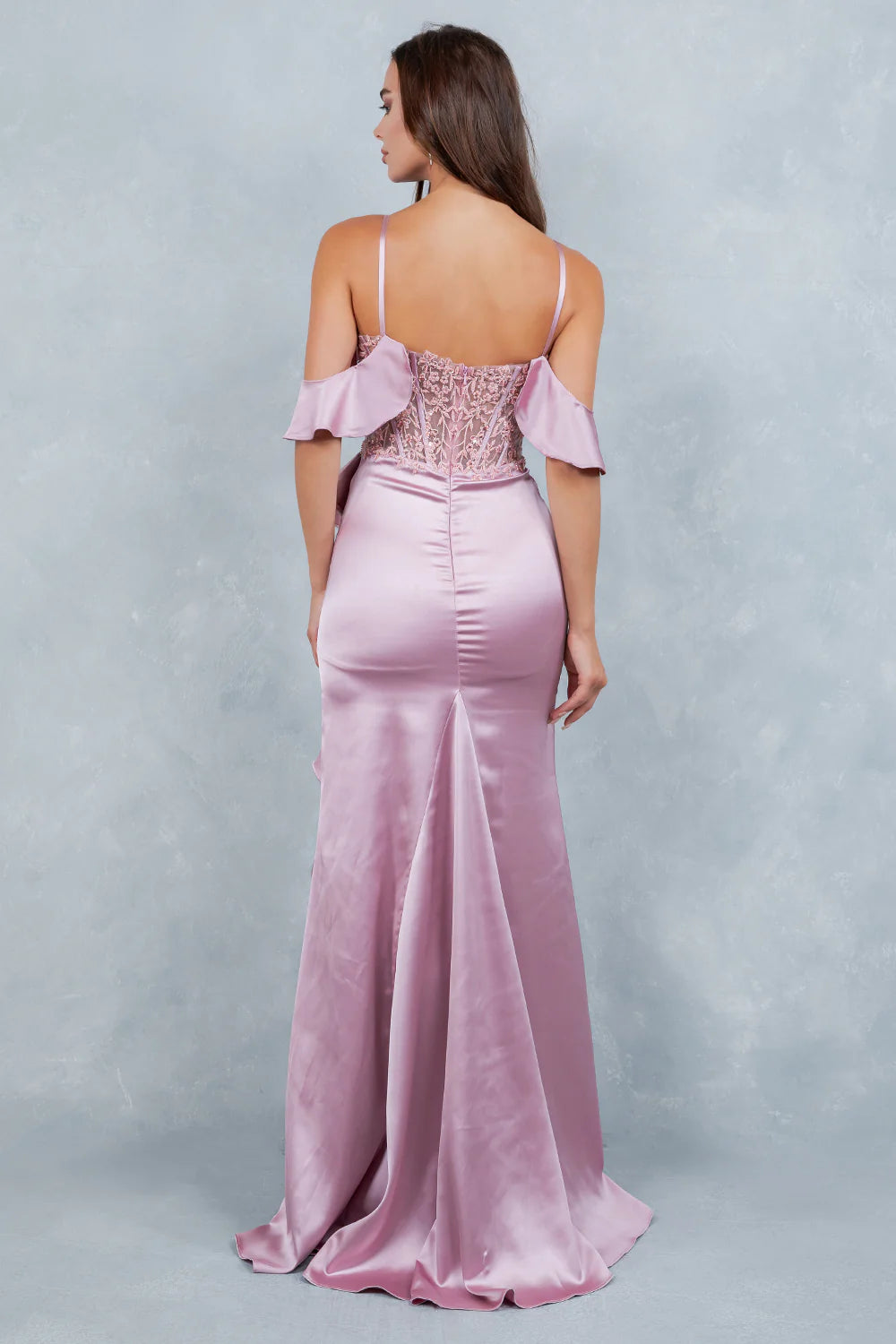 Elegant Cold Shoulder Spaghetti Strap Beaded Lace Corset High Slit Ruffle Mermaid Maxi Prom Dress For Formal Evening Gala Wedding Guest Bridesmaid