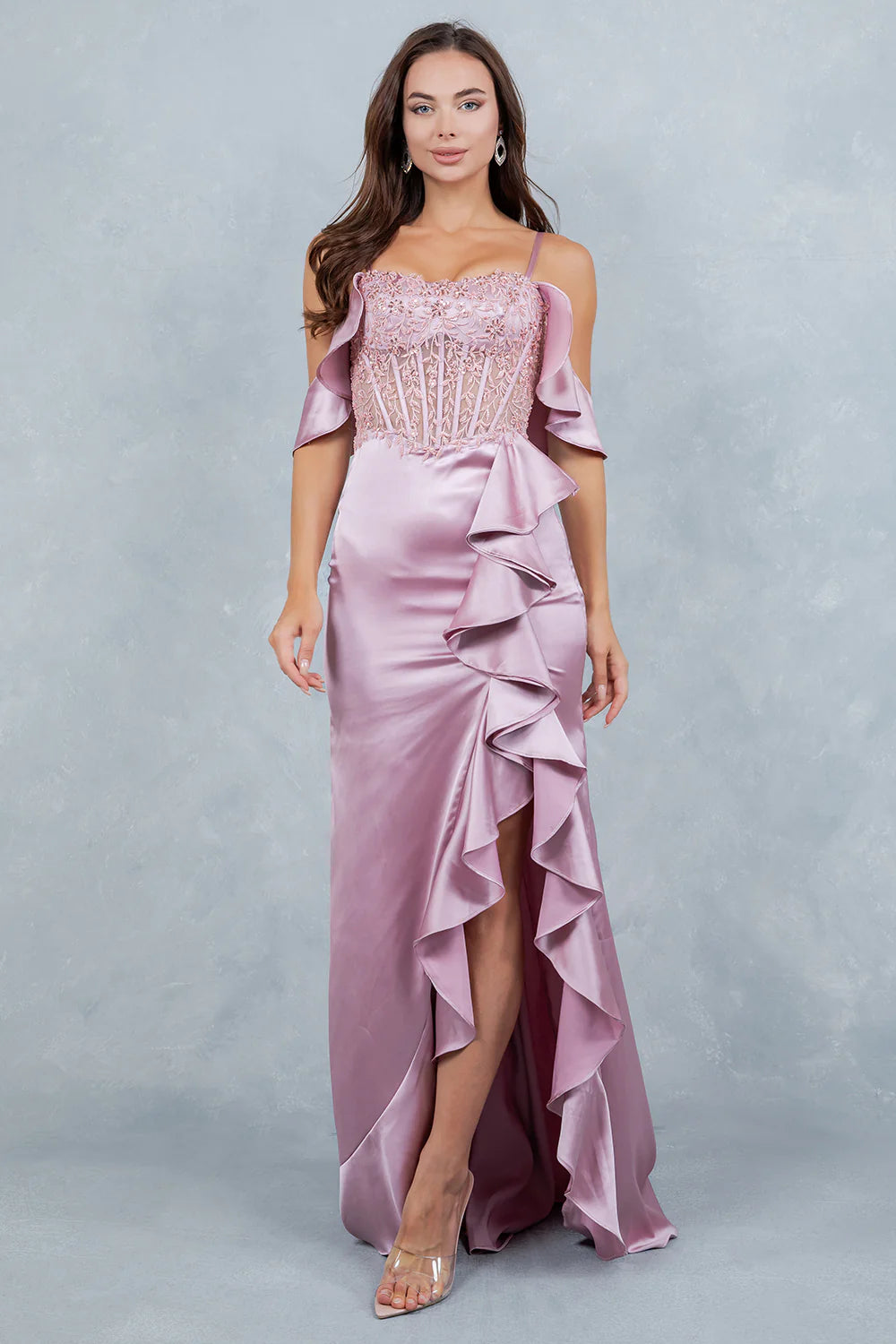 Elegant Cold Shoulder Spaghetti Strap Beaded Lace Corset High Slit Ruffle Mermaid Maxi Prom Dress For Formal Evening Gala Wedding Guest Bridesmaid