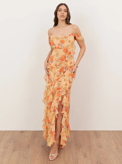 Elegant Cold Shoulder Spaghetti Strap Floral Print Tiered Ruffle High Slit Chiffon Maxi Prom Dress For Formal Evening Gala Wedding Guest Bridesmaid