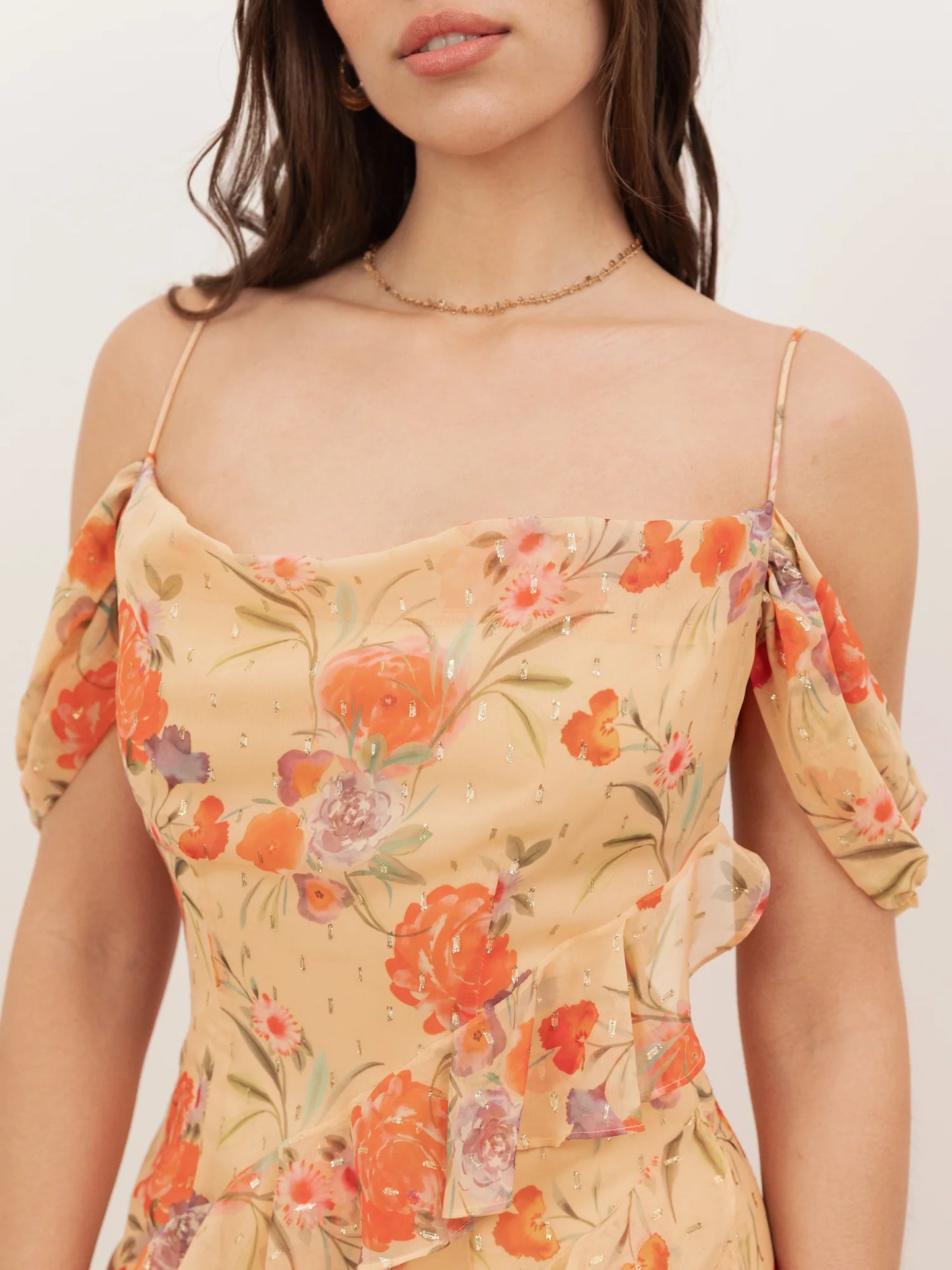 Elegant Cold Shoulder Spaghetti Strap Floral Print Tiered Ruffle High Slit Chiffon Maxi Prom Dress For Formal Evening Gala Wedding Guest Bridesmaid