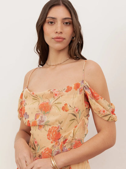 Elegant Cold Shoulder Spaghetti Strap Floral Print Tiered Ruffle High Slit Chiffon Maxi Prom Dress For Formal Evening Gala Wedding Guest Bridesmaid