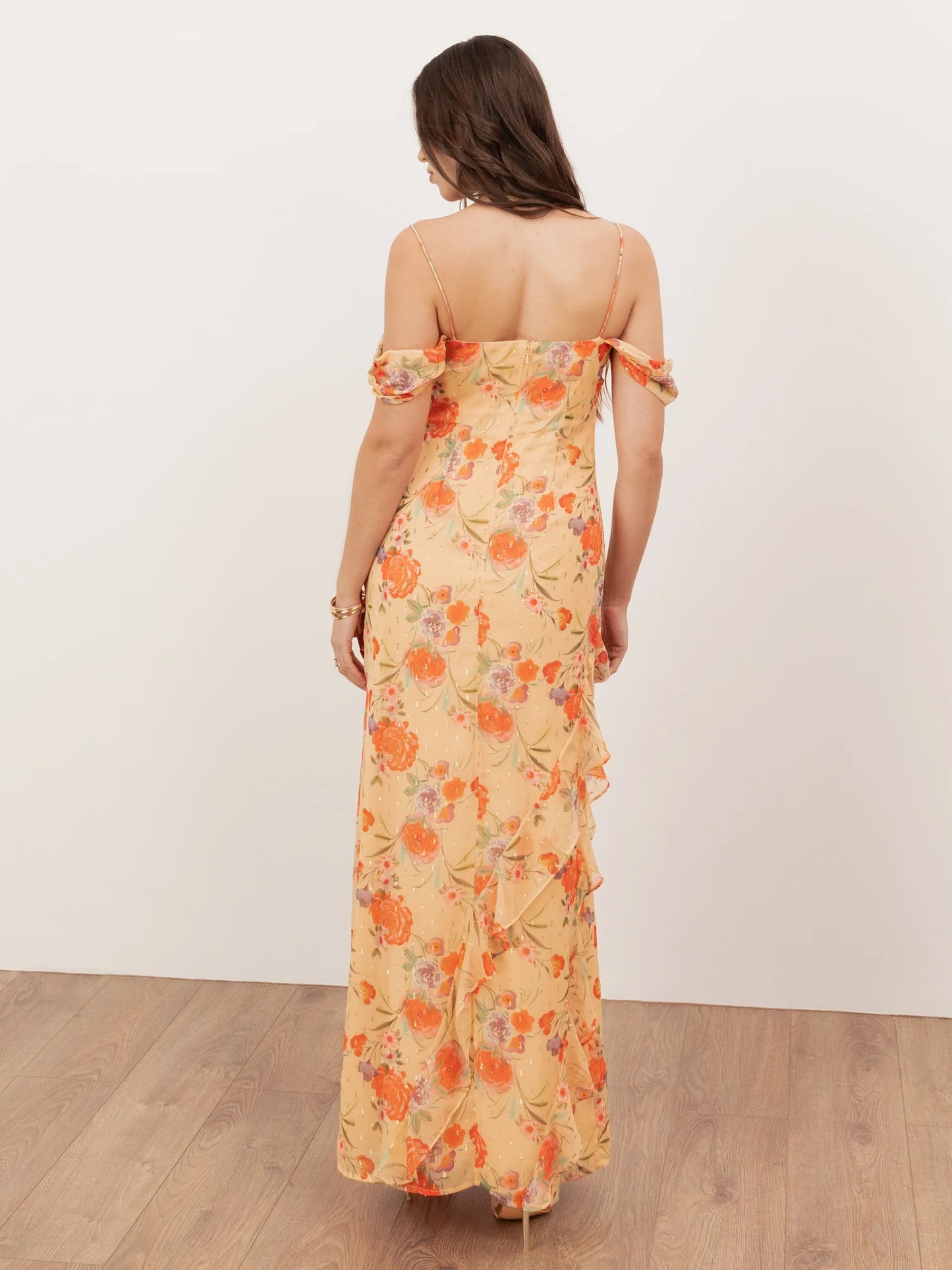 Elegant Cold Shoulder Spaghetti Strap Floral Print Tiered Ruffle High Slit Chiffon Maxi Prom Dress For Formal Evening Gala Wedding Guest Bridesmaid