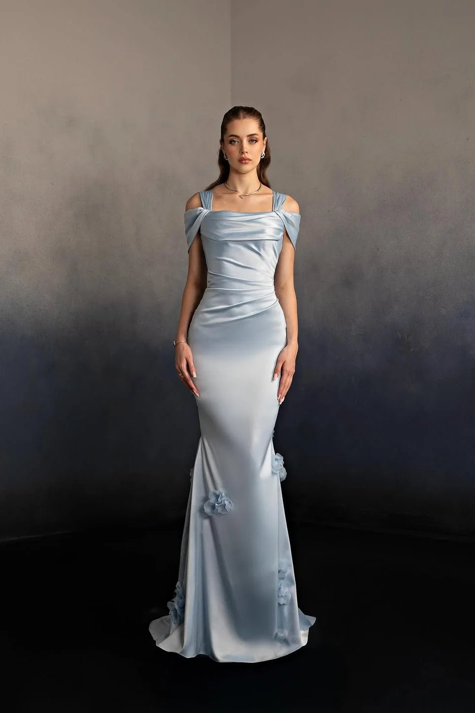 Elegant Cold Shoulder Square Neck Satin Mermaid Maxi Prom Dress with 3D Floral Appliqués and Trailing Train