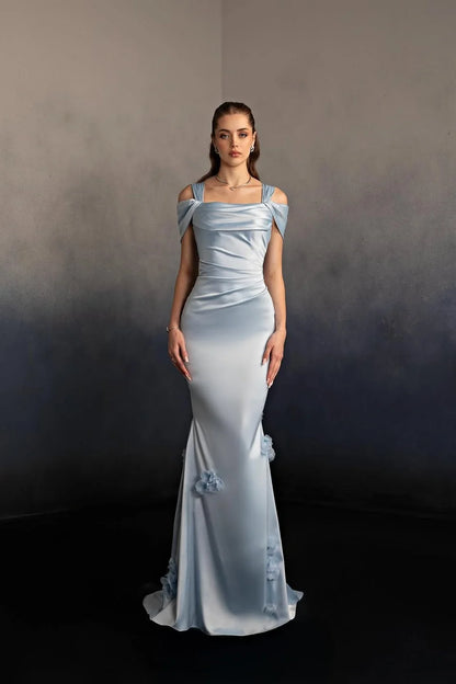 Elegant Cold Shoulder Square Neck Satin Mermaid Maxi Prom Dress with 3D Floral Appliqués and Trailing Train