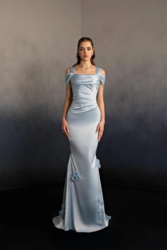 Elegant Cold Shoulder Square Neck Satin Mermaid Maxi Prom Dress with 3D Floral Appliqués and Trailing Train
