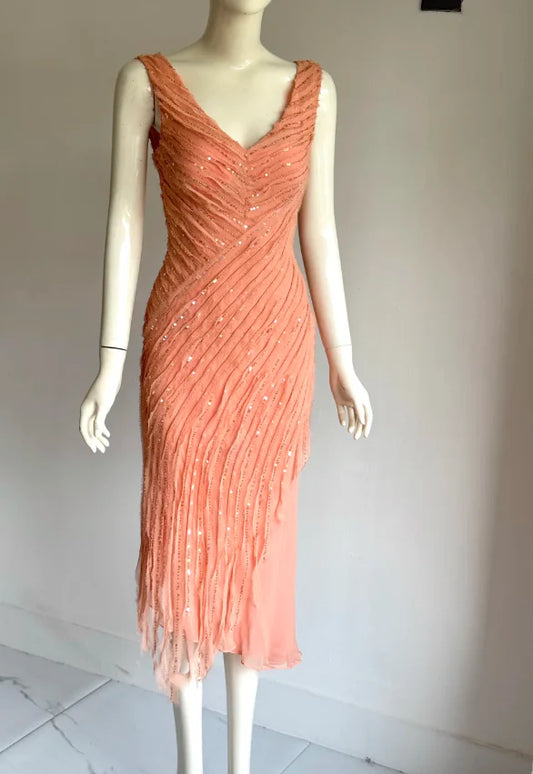 Elegant Coral V-Neck Prom Dress With Sleeveless Design Sequin Embellished Bodice And Asymmetrical Chiffon Skirt For Formal Evening Party