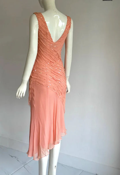 Elegant Coral V-Neck Prom Dress With Sleeveless Design Sequin Embellished Bodice And Asymmetrical Chiffon Skirt For Formal Evening Party
