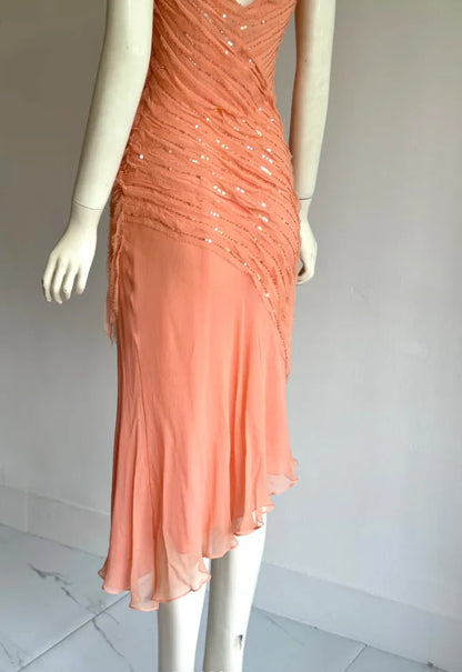 Elegant Coral V-Neck Prom Dress With Sleeveless Design Sequin Embellished Bodice And Asymmetrical Chiffon Skirt For Formal Evening Party