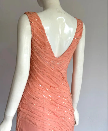 Elegant Coral V-Neck Prom Dress With Sleeveless Design Sequin Embellished Bodice And Asymmetrical Chiffon Skirt For Formal Evening Party
