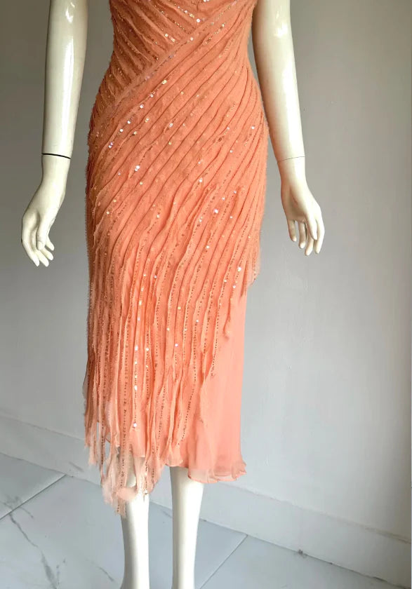 Elegant Coral V-Neck Prom Dress With Sleeveless Design Sequin Embellished Bodice And Asymmetrical Chiffon Skirt For Formal Evening Party
