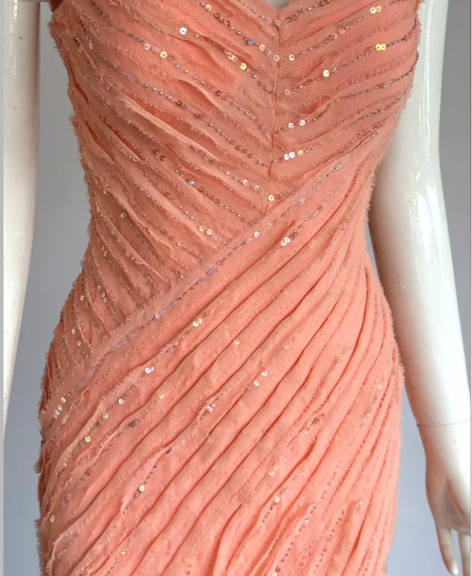 Elegant Coral V-Neck Prom Dress With Sleeveless Design Sequin Embellished Bodice And Asymmetrical Chiffon Skirt For Formal Evening Party