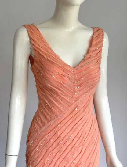 Elegant Coral V-Neck Prom Dress With Sleeveless Design Sequin Embellished Bodice And Asymmetrical Chiffon Skirt For Formal Evening Party