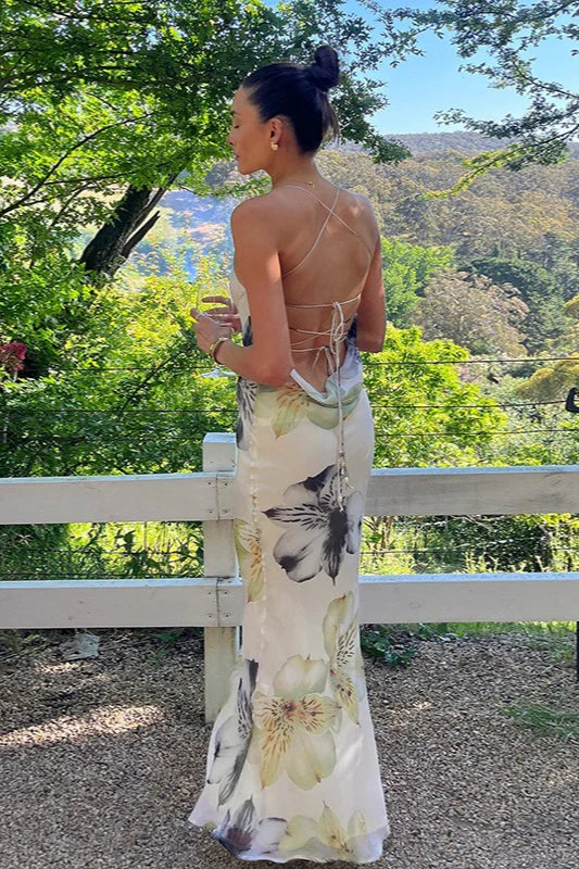 Elegant Cowl Neck Spaghetti Strap Backless Floral Print Maxi Prom Dress For Wedding Guest Bridal Shower Formal Evening