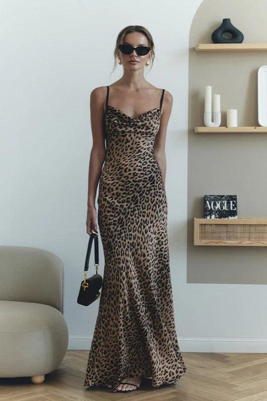 Elegant Cowl Neck Spaghetti Strap Tie Back Leopard Print Maxi Prom Dress For Wedding Guest Bridal Shower Formal Evening