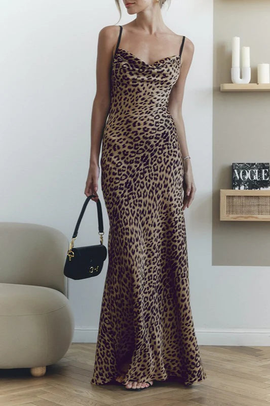 Elegant Cowl Neck Spaghetti Strap Tie Back Leopard Print Maxi Prom Dress For Wedding Guest Bridal Shower Formal Evening