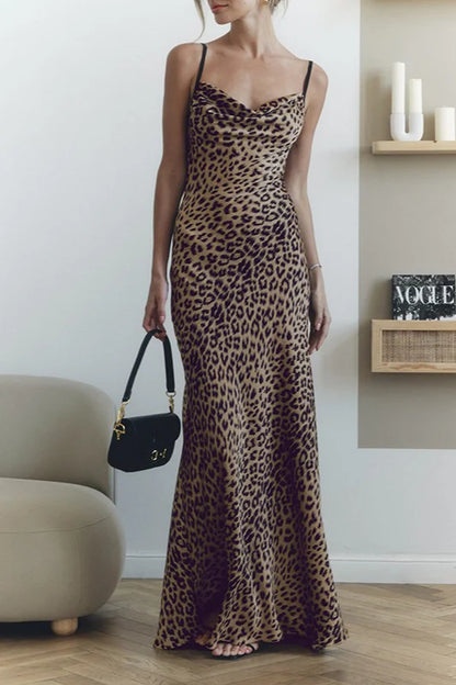 Elegant Cowl Neck Spaghetti Strap Tie Back Leopard Print Maxi Prom Dress For Wedding Guest Bridal Shower Formal Evening