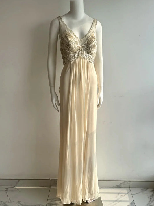 Elegant Cream Empire Waist Prom Dress With Beaded Bodice V Back And Flowing Chiffon Skirt For Formal Evening Party