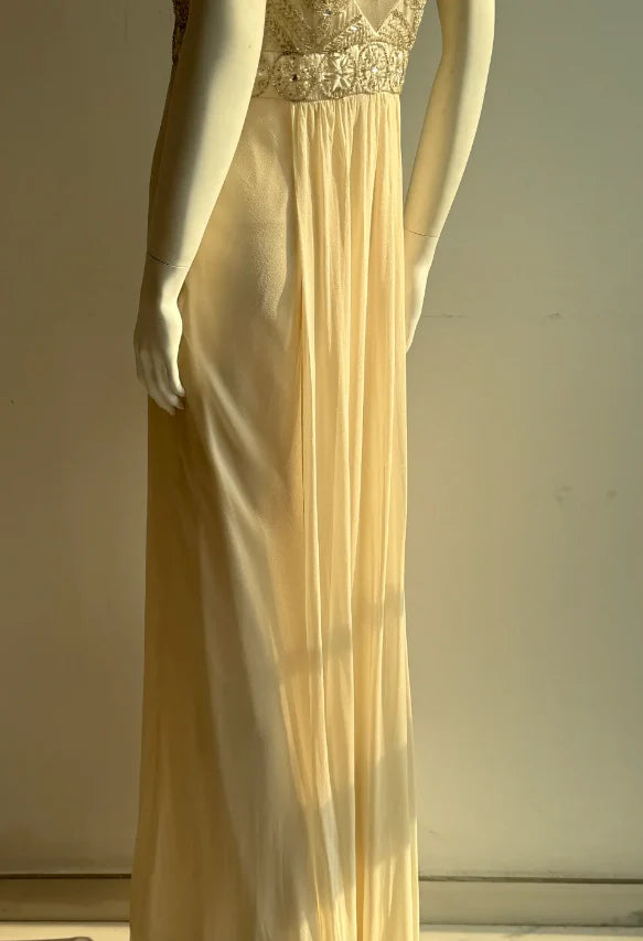 Elegant Cream Empire Waist Prom Dress With Beaded Bodice V Back And Flowing Chiffon Skirt For Formal Evening Party