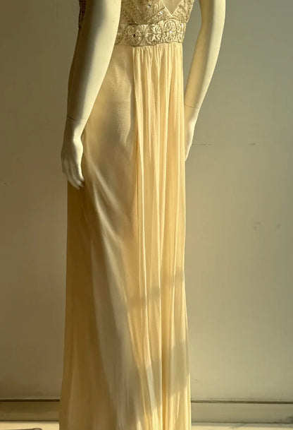 Elegant Cream Empire Waist Prom Dress With Beaded Bodice V Back And Flowing Chiffon Skirt For Formal Evening Party