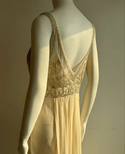 Elegant Cream Empire Waist Prom Dress With Beaded Bodice V Back And Flowing Chiffon Skirt For Formal Evening Party
