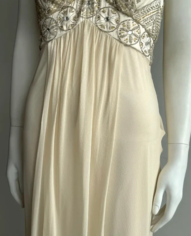Elegant Cream Empire Waist Prom Dress With Beaded Bodice V Back And Flowing Chiffon Skirt For Formal Evening Party