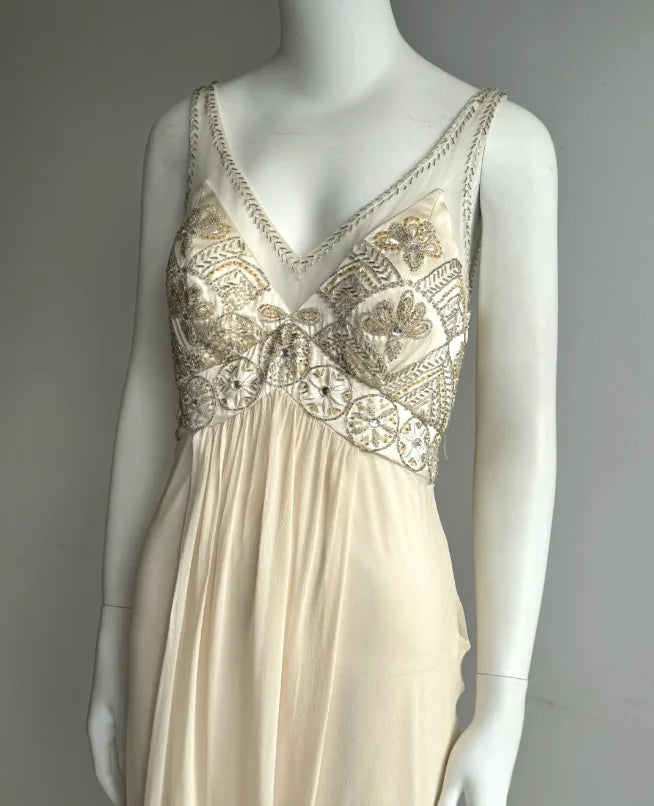 Elegant Cream Empire Waist Prom Dress With Beaded Bodice V Back And Flowing Chiffon Skirt For Formal Evening Party