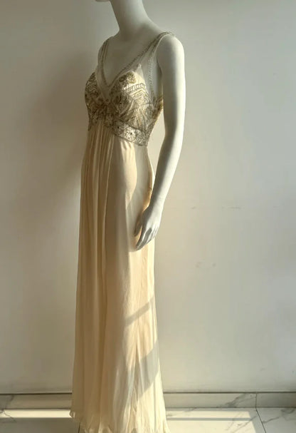 Elegant Cream Empire Waist Prom Dress With Beaded Bodice V Back And Flowing Chiffon Skirt For Formal Evening Party
