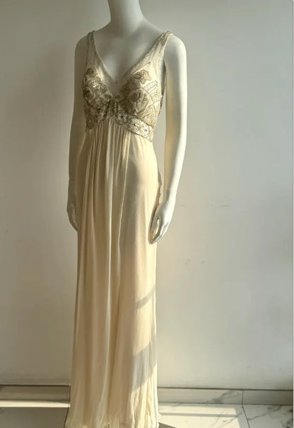 Elegant Cream Empire Waist Prom Dress With Beaded Bodice V Back And Flowing Chiffon Skirt For Formal Evening Party