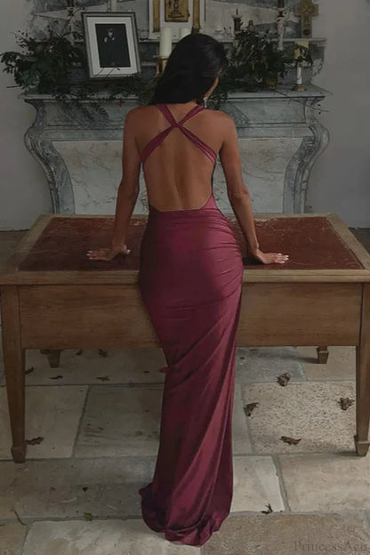Elegant Criss Cross Back Metal Buckle Cowl Neck Bodycon Maxi Prom Dress For Wedding Guest Bridal Shower Formal Evening