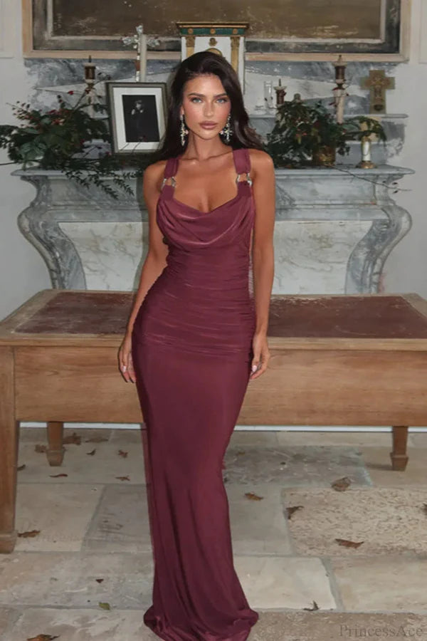 Elegant Criss Cross Back Metal Buckle Cowl Neck Bodycon Maxi Prom Dress For Wedding Guest Bridal Shower Formal Evening