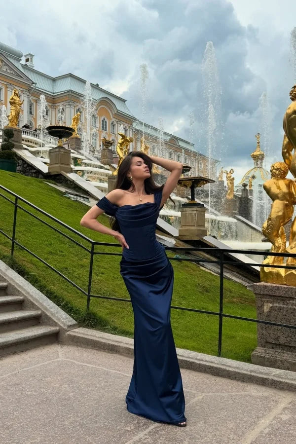Elegant Dark Navy Off-The-Shoulder Mermaid Pleated Prom Dress