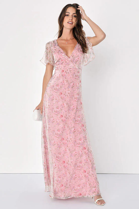Elegant Deep V Neck Short Flutter Sleeve Floral Print Chiffon Maxi Prom Dress For Formal Evening Gala Wedding Guest Bridesmaid